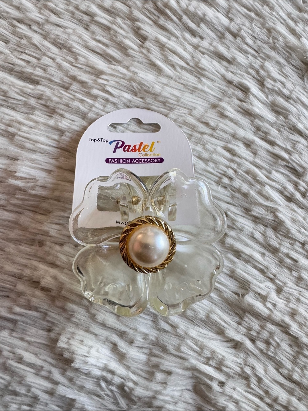 Pastels Clothing Clear Flower Hair Clip with Gold and Pearl Accent